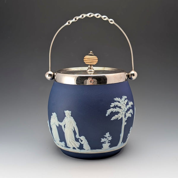 英国アンティーク ウェッジウッド ビスケットバレル ジャスパーウェア ロイヤルブルー